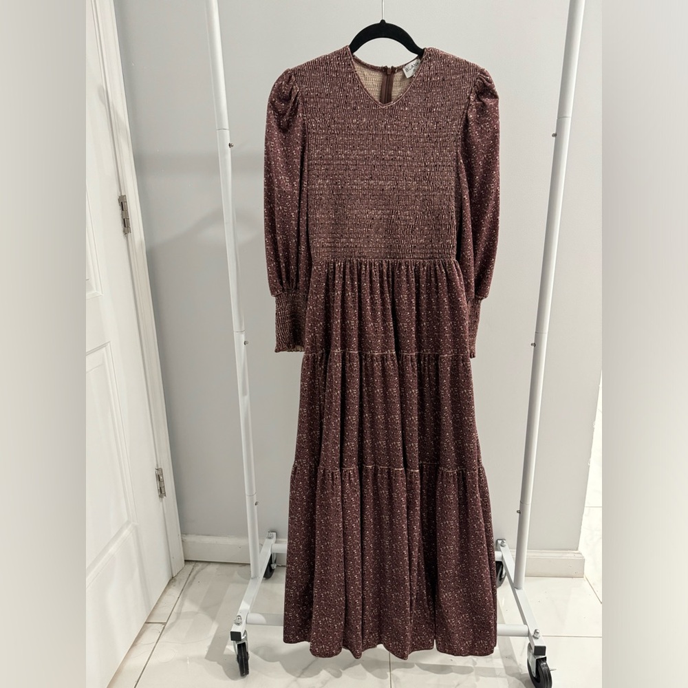 NWOT Dress Blank Maroon Spotted Floral Maxi Puff Sleeve Dress